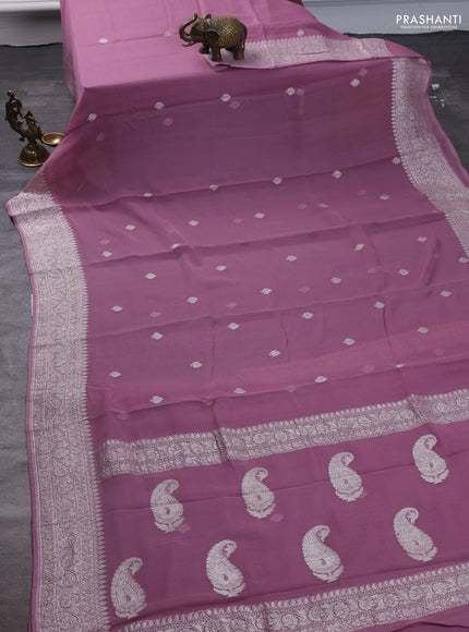 Pure banarasi chiffon saree pastel pink with silver zari woven buttas and silver zari woven border