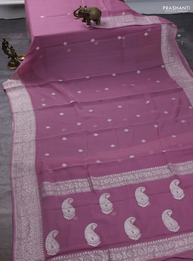 Pure banarasi chiffon saree pastel pink with silver zari woven buttas and silver zari woven border