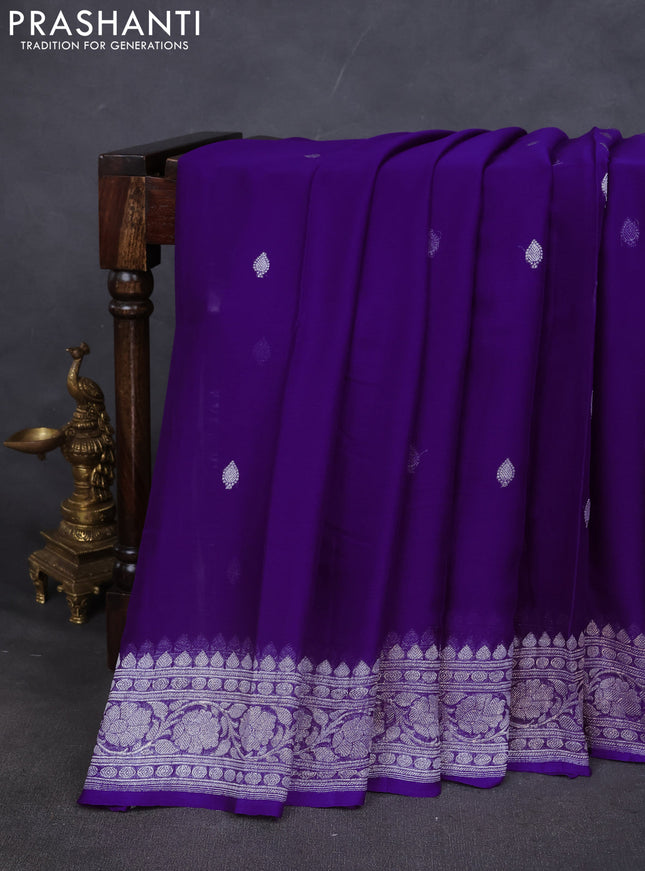 Pure banarasi chiffon saree violet with silver zari woven buttas and silver zari woven border