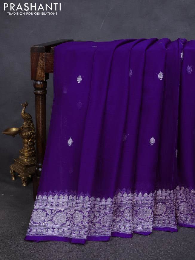 Pure banarasi chiffon saree violet with silver zari woven buttas and silver zari woven border