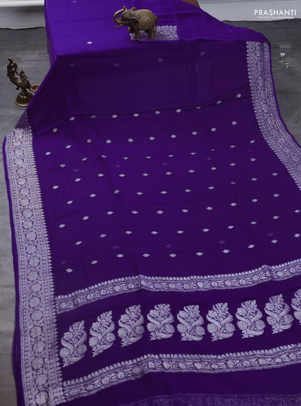 Pure banarasi chiffon saree violet with silver zari woven buttas and silver zari woven border