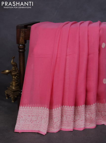 Pure banarasi chiffon saree peach pink with silver zari woven buttas and silver zari woven border