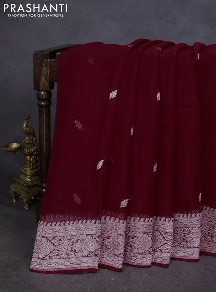 Pure banarasi chiffon saree maroon with silver zari woven buttas and silver zari woven border