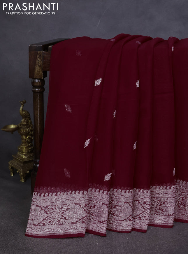 Pure banarasi chiffon saree maroon with silver zari woven buttas and silver zari woven border