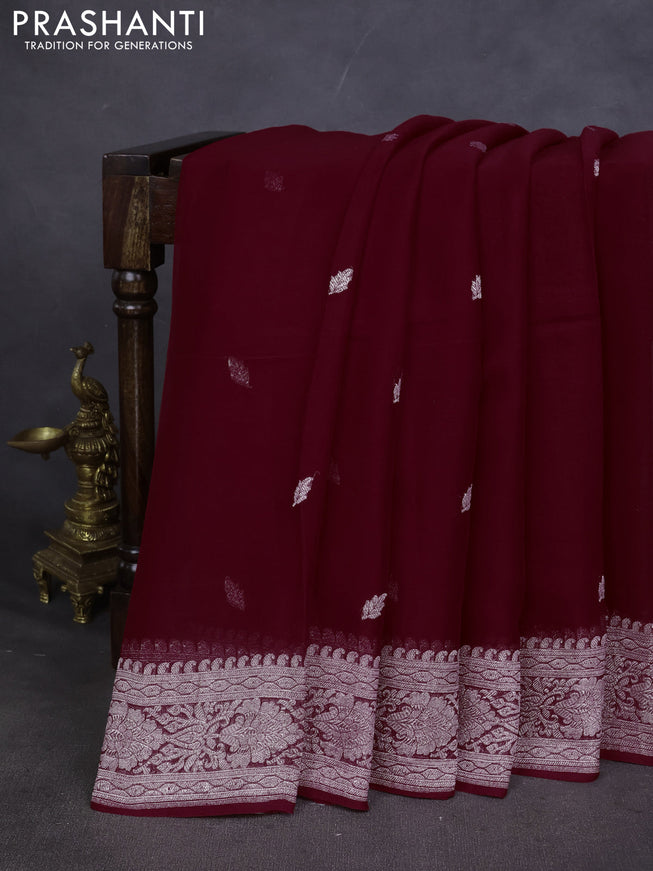 Pure banarasi chiffon saree maroon with silver zari woven buttas and silver zari woven border