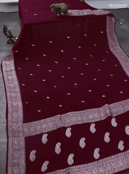 Pure banarasi chiffon saree maroon with silver zari woven buttas and silver zari woven border