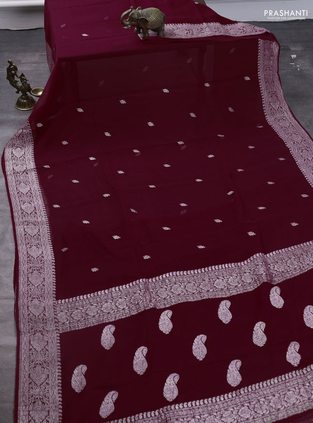 Pure banarasi chiffon saree maroon with silver zari woven buttas and silver zari woven border