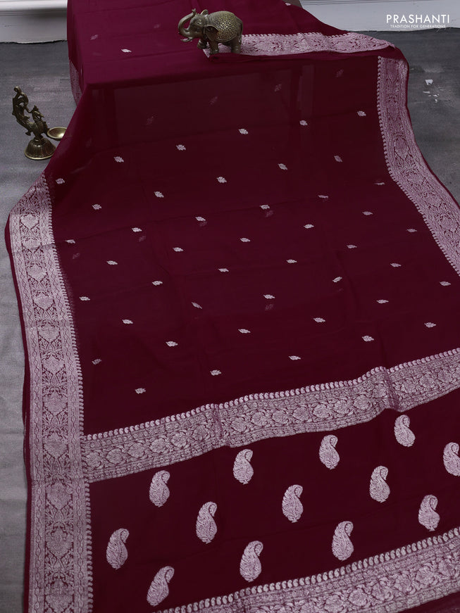 Pure banarasi chiffon saree maroon with silver zari woven buttas and silver zari woven border