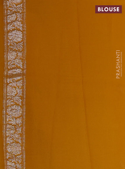 Pure banarasi chiffon saree mustard yellow with silver zari woven buttas and silver zari woven border