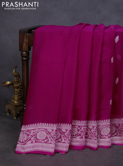 Pure banarasi chiffon saree rani pink with silver zari woven buttas and silver zari woven border
