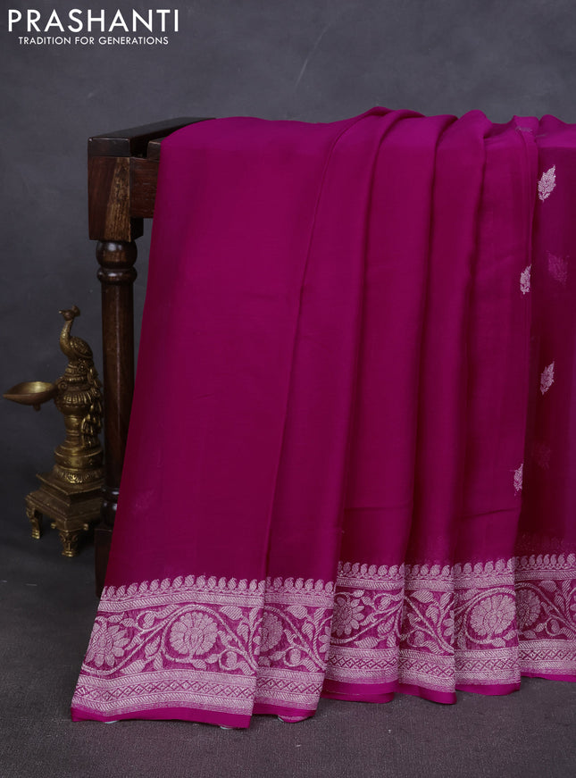 Pure banarasi chiffon saree rani pink with silver zari woven buttas and silver zari woven border