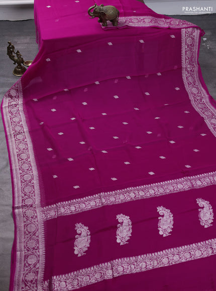 Pure banarasi chiffon saree rani pink with silver zari woven buttas and silver zari woven border