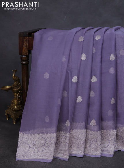Pure banarasi chiffon saree pastel grey with silver zari woven buttas and silver zari woven border