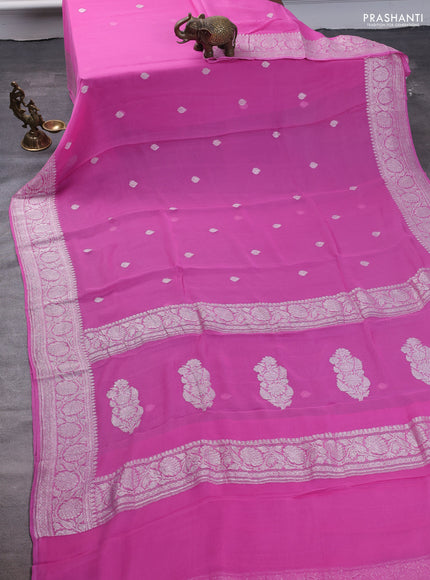 Pure banarasi chiffon saree light pink with silver zari woven buttas and silver zari woven border