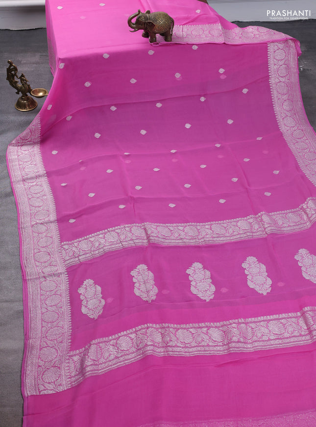 Pure banarasi chiffon saree light pink with silver zari woven buttas and silver zari woven border