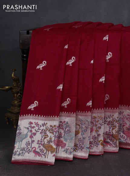 Banarasi semi raw silk saree red with silver zari woven buttas and mina border