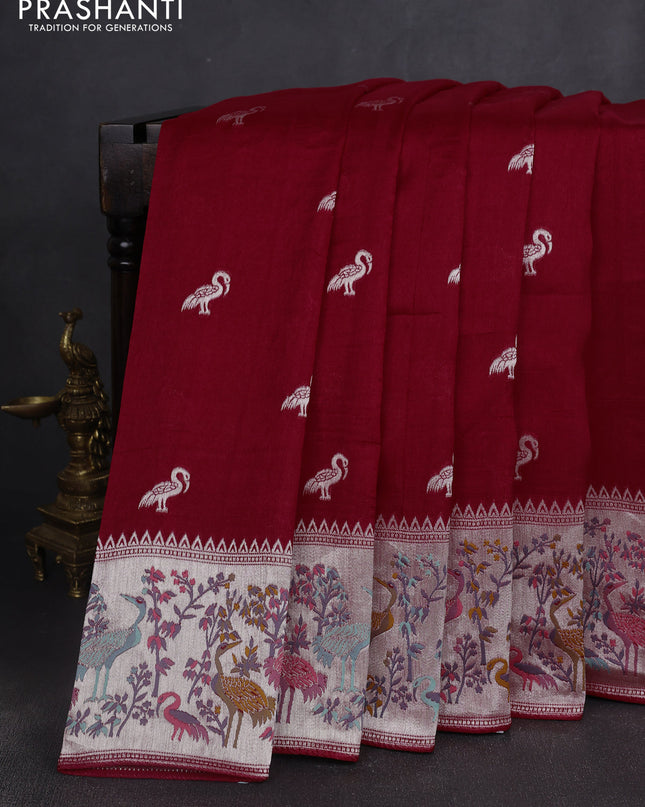 Banarasi semi raw silk saree red with silver zari woven buttas and mina border