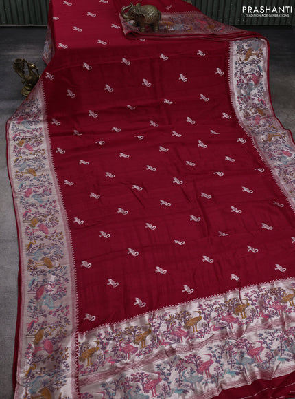 Banarasi semi raw silk saree red with silver zari woven buttas and mina border