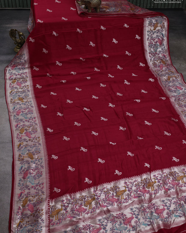 Banarasi semi raw silk saree red with silver zari woven buttas and mina border