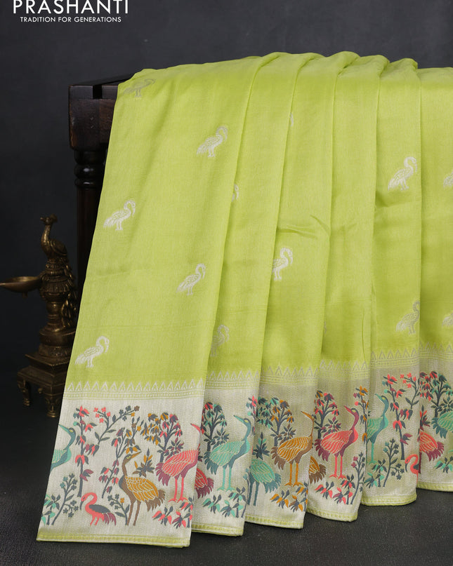Banarasi semi raw silk saree fluorescent green with silver zari woven buttas and mina border