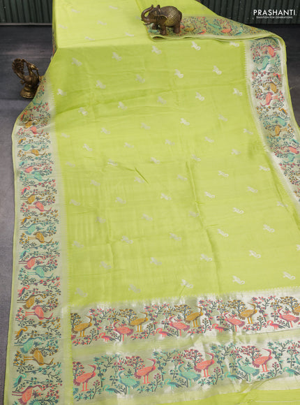 Banarasi semi raw silk saree fluorescent green with silver zari woven buttas and mina border