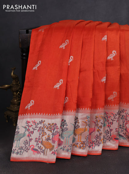 Banarasi semi raw silk saree orange with silver zari woven buttas and mina border