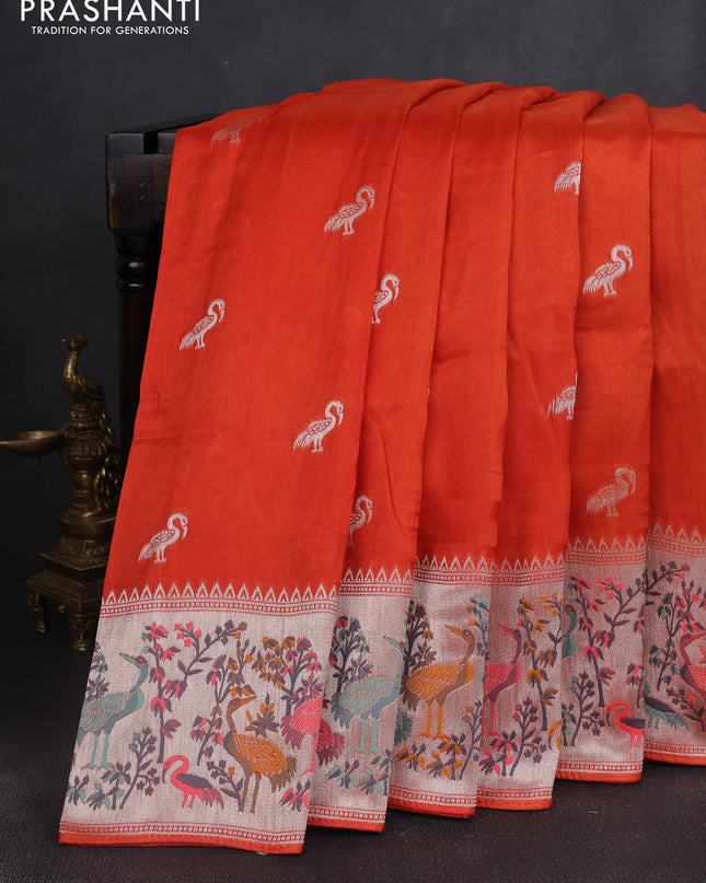 Banarasi semi raw silk saree orange with silver zari woven buttas and mina border
