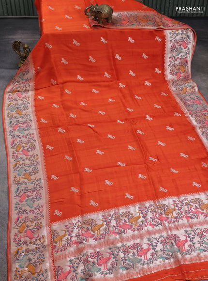 Banarasi semi raw silk saree orange with silver zari woven buttas and mina border