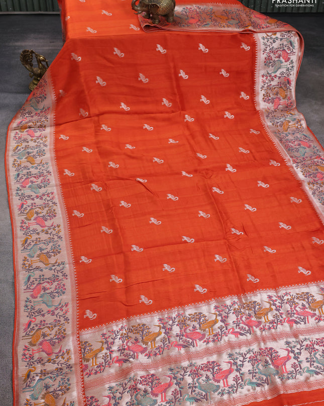 Banarasi semi raw silk saree orange with silver zari woven buttas and mina border