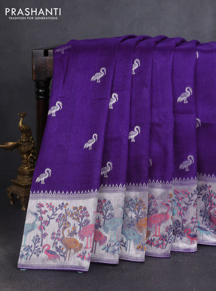 Banarasi semi raw silk saree violet with silver zari woven buttas and mina border