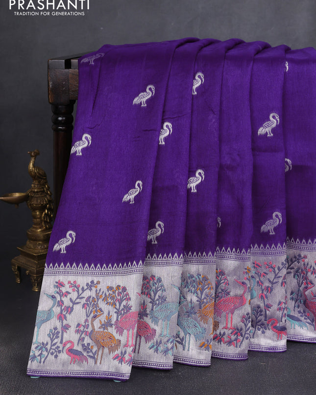 Banarasi semi raw silk saree violet with silver zari woven buttas and mina border