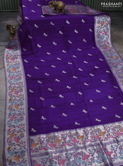 Banarasi semi raw silk saree violet with silver zari woven buttas and mina border