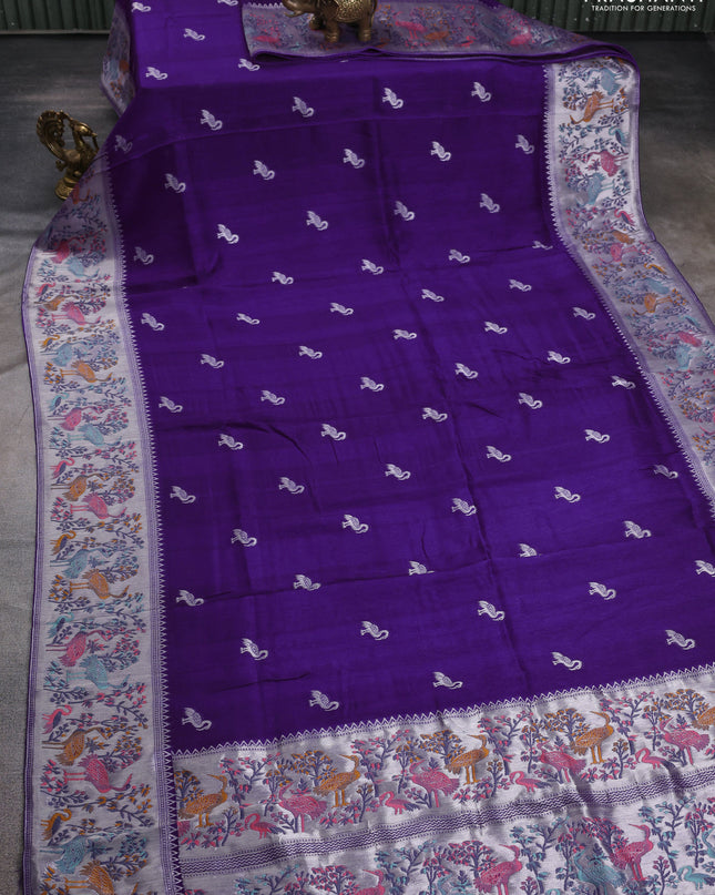 Banarasi semi raw silk saree violet with silver zari woven buttas and mina border