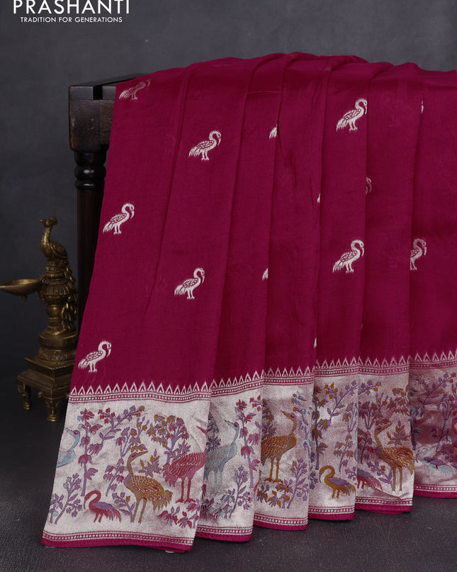 Banarasi semi raw silk saree pink with silver zari woven buttas and mina border
