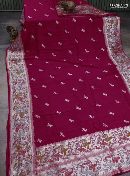 Banarasi semi raw silk saree pink with silver zari woven buttas and mina border