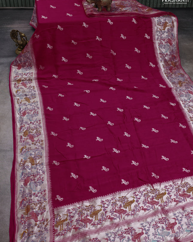 Banarasi semi raw silk saree pink with silver zari woven buttas and mina border