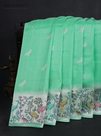 Banarasi semi raw silk saree teal green with silver zari woven buttas and mina border