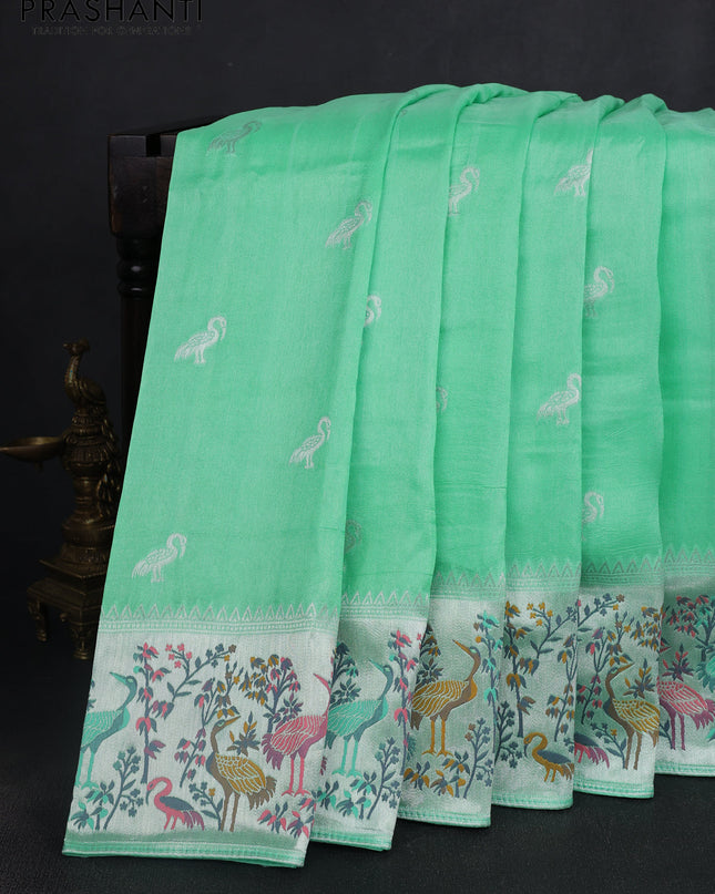 Banarasi semi raw silk saree teal green with silver zari woven buttas and mina border