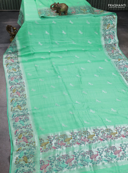 Banarasi semi raw silk saree teal green with silver zari woven buttas and mina border
