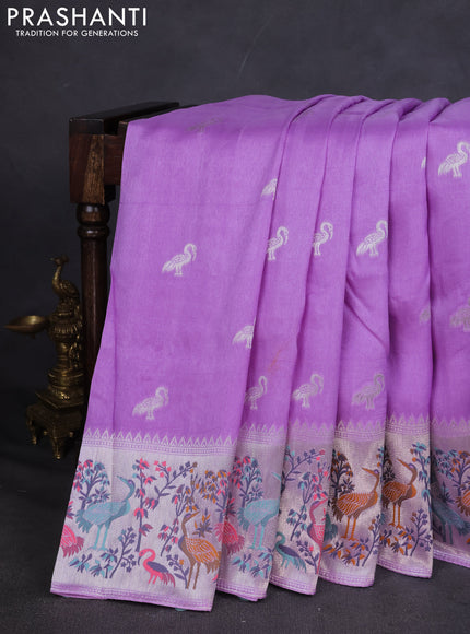 Banarasi semi raw silk saree lavender with silver zari woven buttas and mina border