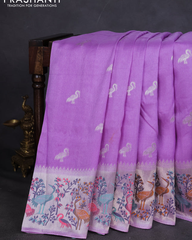 Banarasi semi raw silk saree lavender with silver zari woven buttas and mina border
