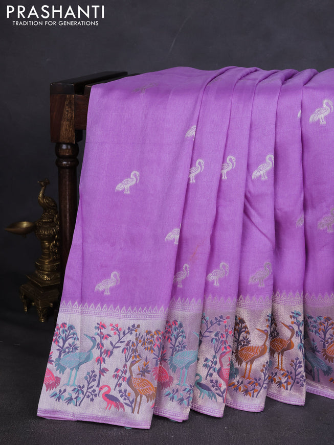 Banarasi semi raw silk saree lavender with silver zari woven buttas and mina border