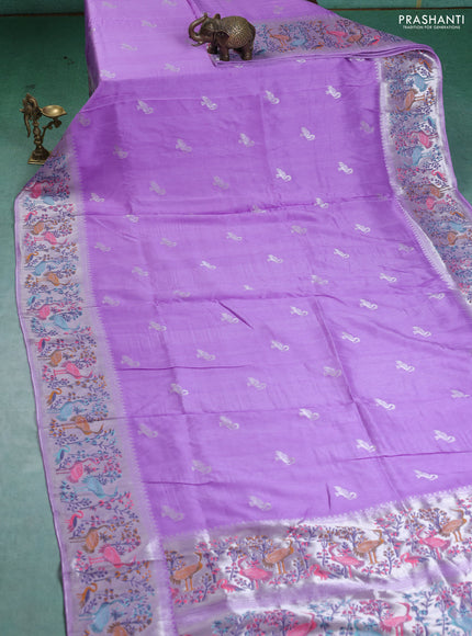Banarasi semi raw silk saree lavender with silver zari woven buttas and mina border