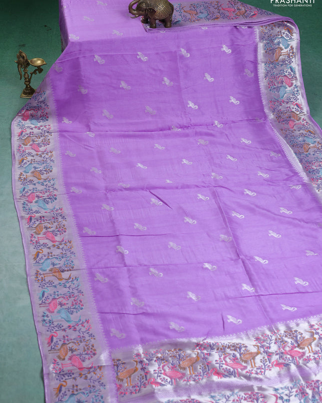 Banarasi semi raw silk saree lavender with silver zari woven buttas and mina border