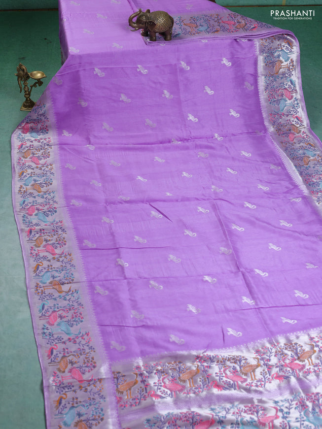 Banarasi semi raw silk saree lavender with silver zari woven buttas and mina border