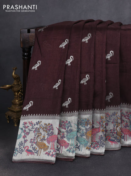 Banarasi semi raw silk saree coffee brown with silver zari woven buttas and mina border