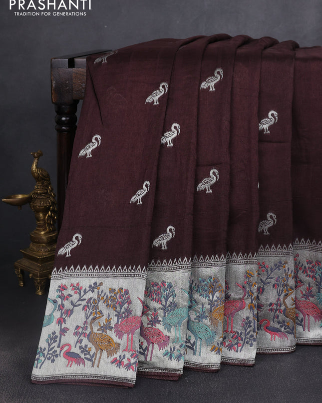 Banarasi semi raw silk saree coffee brown with silver zari woven buttas and mina border