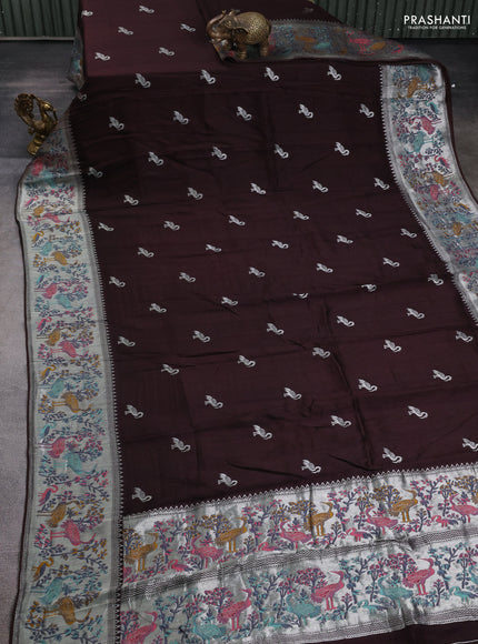 Banarasi semi raw silk saree coffee brown with silver zari woven buttas and mina border