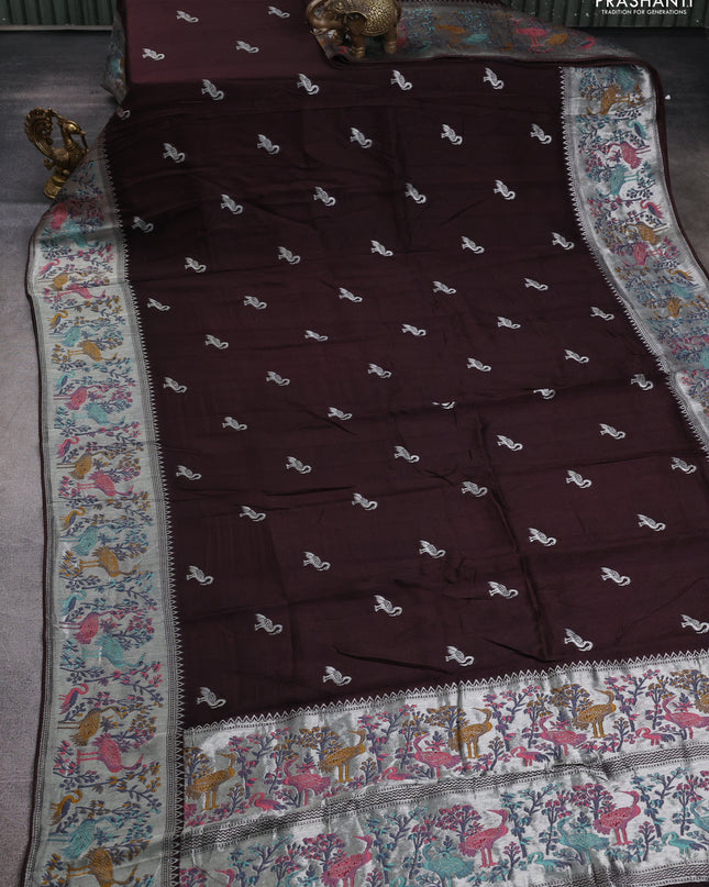 Banarasi semi raw silk saree coffee brown with silver zari woven buttas and mina border