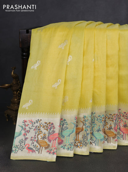 Banarasi semi raw silk saree lime yellow with silver zari woven buttas and mina border